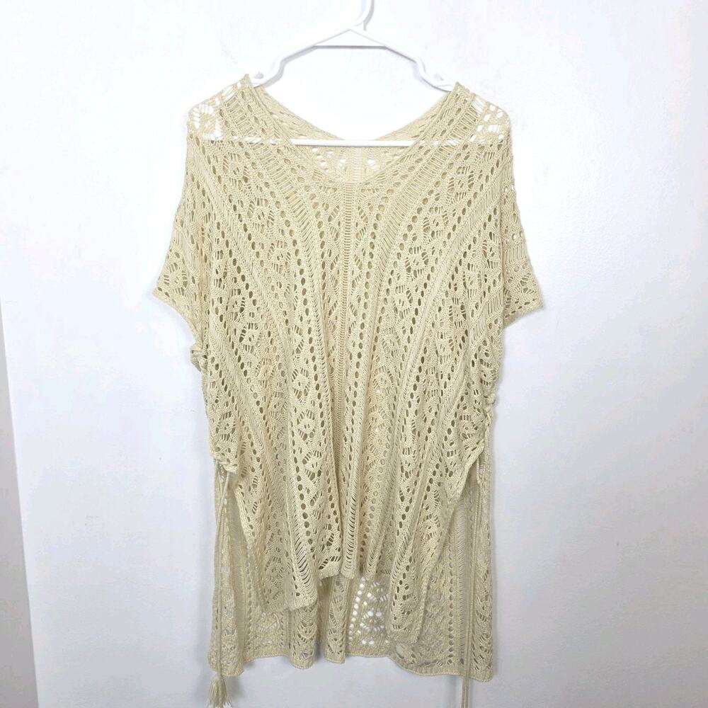 Cream Crochet Knit Beachy Festival Boho Tassels Swimsuit Cover-Up Top Size Small